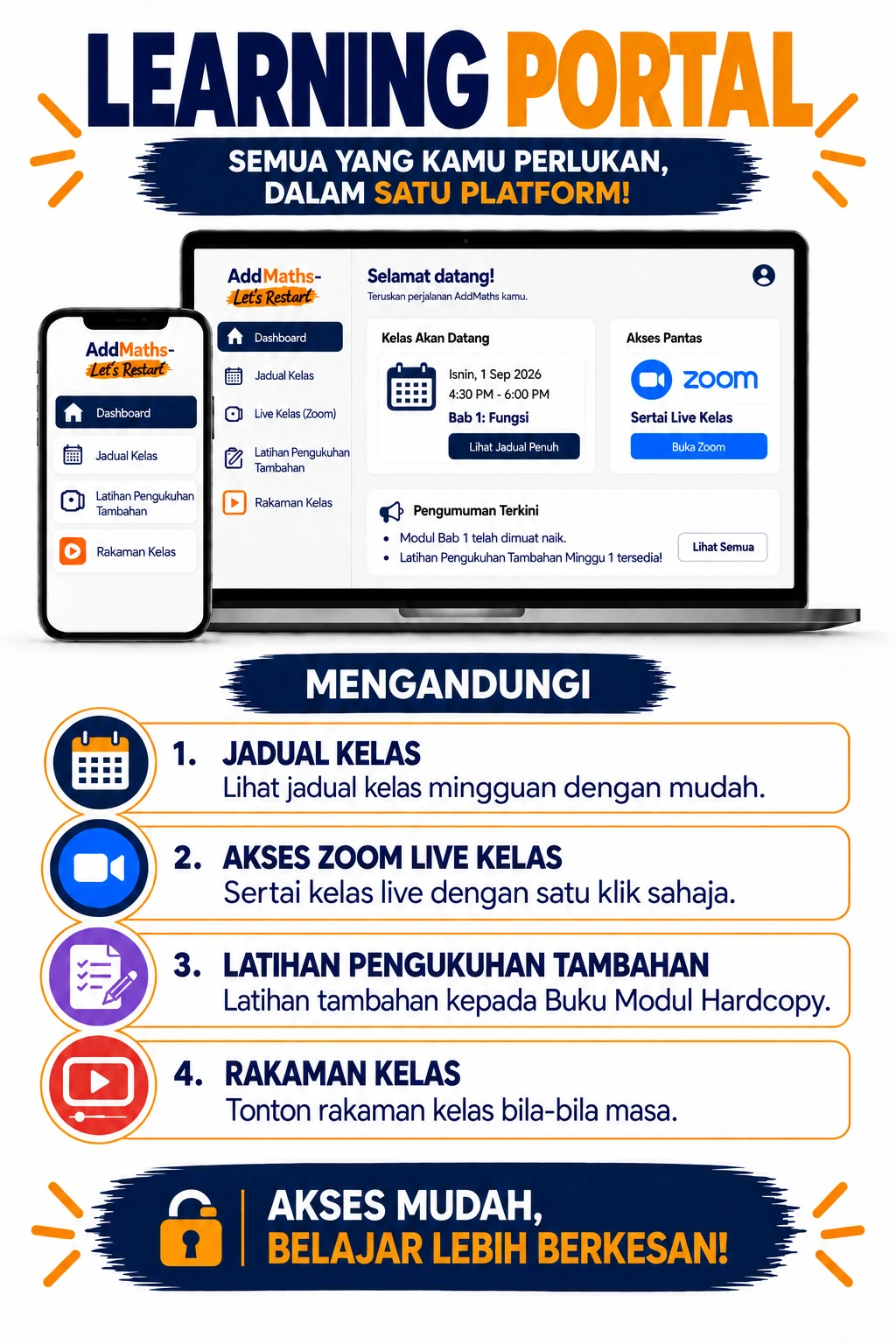 AddMaths – Let’s Restart: program pembelajaran dengan kelas online, rakaman, modul hardcopy, study group WhatsApp, pembelajaran bermula dari Bab 1 serta bimbingan fokus dan konsisten.