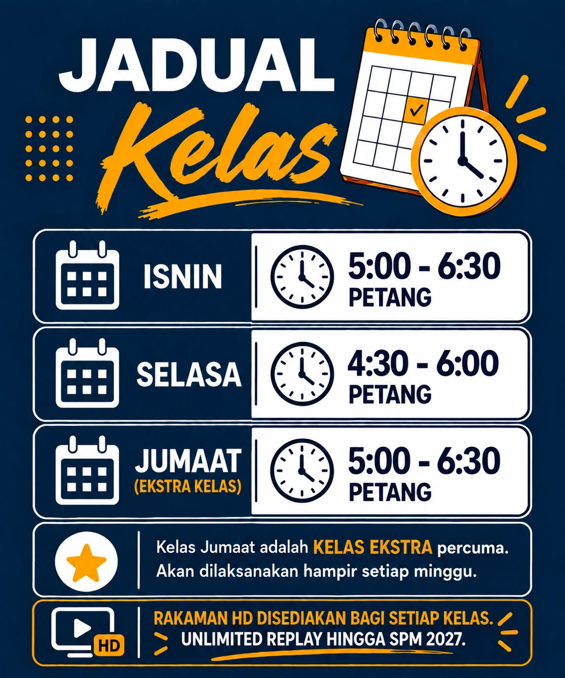 Program matematik berstruktur yang membandingkan masa pembelajaran dengan di sekolah. Ia menerangkan faedah Kelas Asas Bab untuk membaiki Asas Matematik, Kelas Utama untuk kupasan mendalam setiap topik, dan Kelas Tutorial untuk pengukuhan intensif, untuk memastikan pelajar bersedia untuk peperiksaan SPM. kelas terbaik berkesan